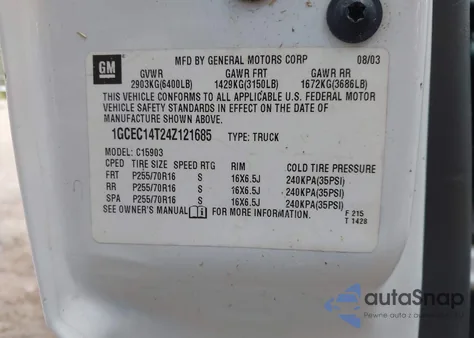 2004 Chevrolet Silverado 1500 Work Truck from USA, damaged, VIN 1GCEC14T24Z121685